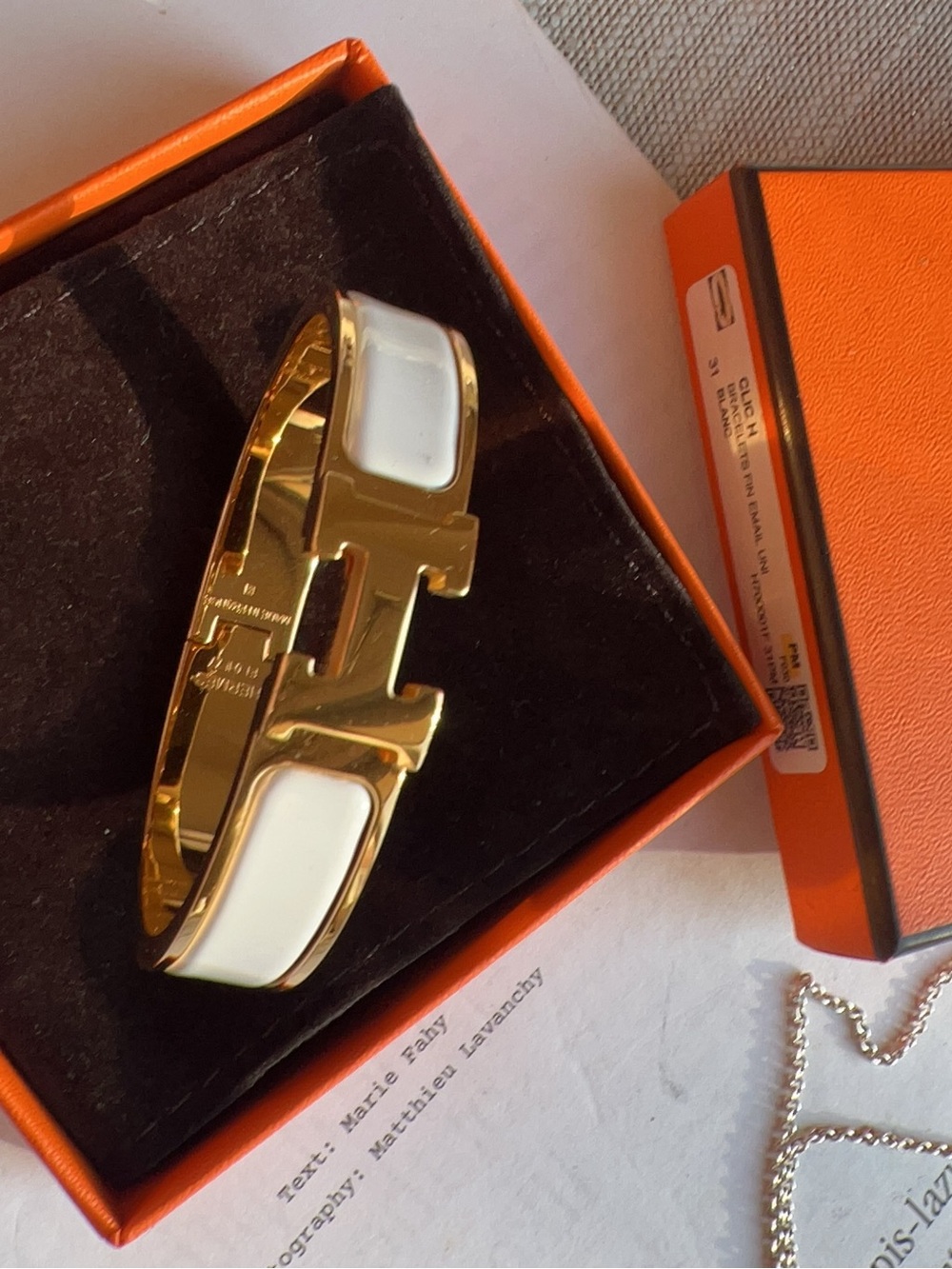 Hermes White & Gold Enamel Metal Clic Clac H Bracelet PM